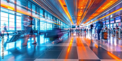 Busy airport terminal, blurred motion shot