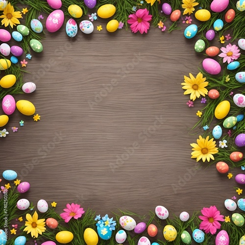 Emmpty wooden table background - easter spring theme Softly colored eggs, each a unique expression of joy, await their place on the table, ready to celebrate the season's rebirth.