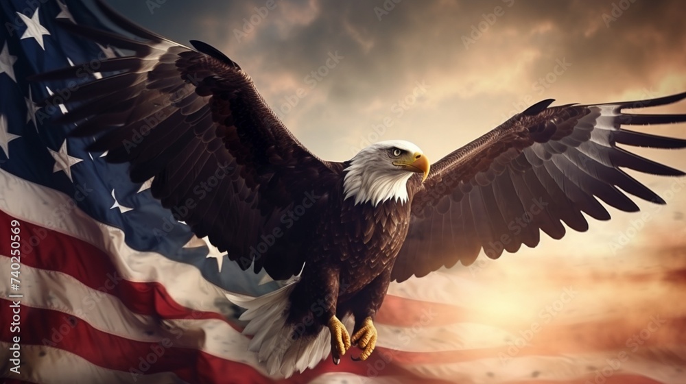 The national symbol of the USA. Eagle flying with USA flag in the background. Digital art. - obrazy, fototapety, plakaty 