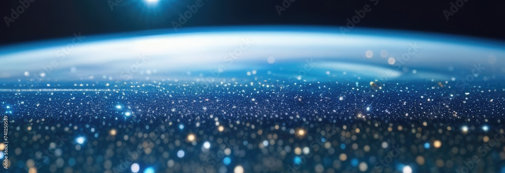 Aviation and Cosmonautics Day, International Day of Human Spaceflight, bright scattering of light bulbs, stars and comets, galaxy and Milky Way, horizontal banner - obrazy, fototapety, plakaty 