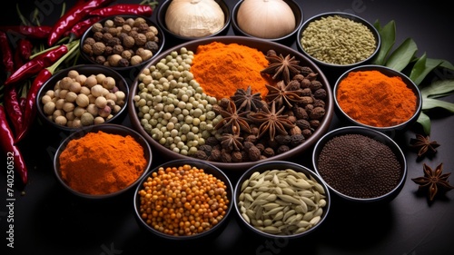 Assorted Spices and Herbs - Bowls of spices on a dark background with vibrant colors