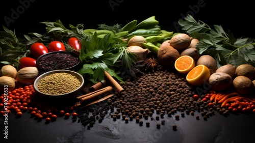 Fresh Herbs and Spices Display - Variety of spices and herbs on dark surface