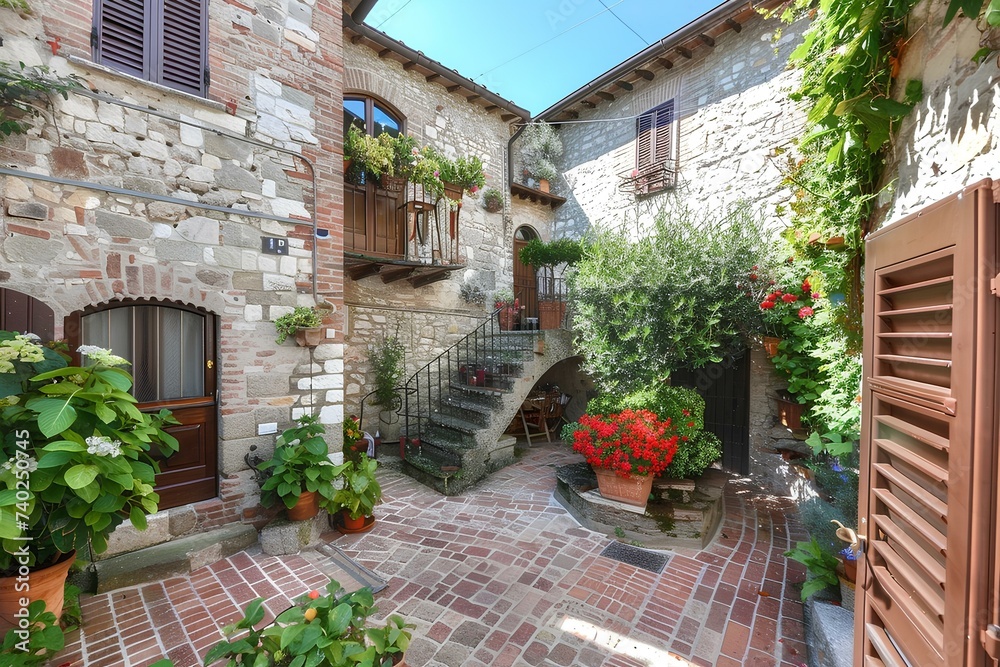Elegant and efficient Umbrian townhouse, ancient stone walls, courtyard, panoramic terrace with loggia, medieval city town. generative AI