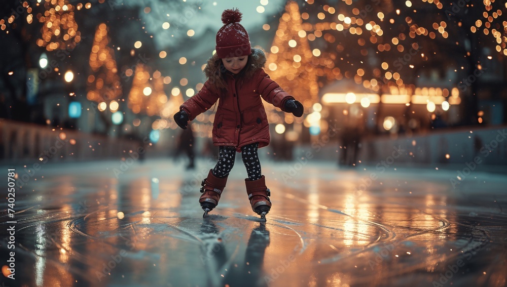A child glides gracefully on the ice, their warm winter clothing and sturdy footwear standing out against the dark street as they skate under the bright lights of the outdoor rink on a cold winter ni