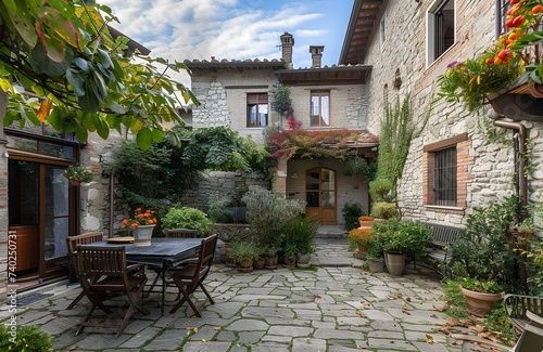 Elegant and efficient Umbrian townhouse, ancient stone walls, courtyard, panoramic terrace with loggia, medieval city town. generative AI