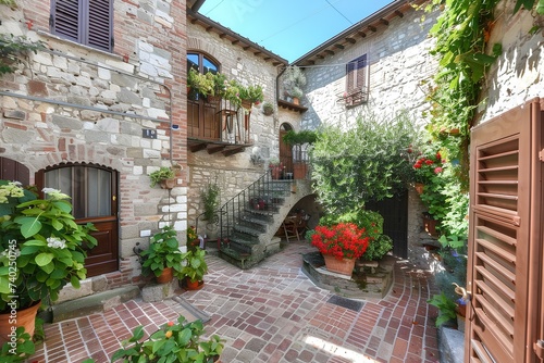 Elegant and efficient Umbrian townhouse  ancient stone walls  courtyard  panoramic terrace with loggia  medieval city town. generative AI