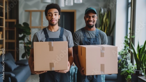 In the portrait, two young men dressed in working clothes are depicted, smiling and hugging each other. Around them, there are boxes and furniture indicating a move. The men's looks are filled with jo © boba