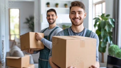 In the portrait, two young men dressed in working clothes are depicted, smiling and hugging each other. Around them, there are boxes and furniture indicating a move. The men's looks are filled with jo © boba