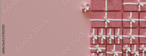 Romantic Wallpaper with Valentine's Day Gifts Neatly arranged in a Grid. Cute Pink and White banner with copy-space.
