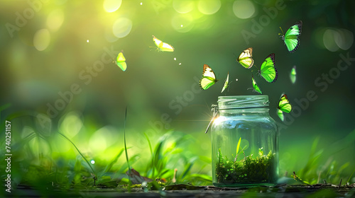 Dreams in the form of butterflies fly out of a jug on a green spring field