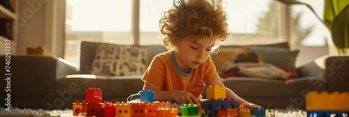 Young boy playing with bloks in his room