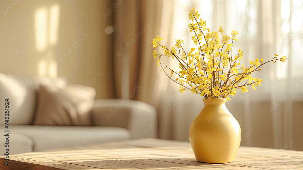 Beautiful spring yellow flowers in a yellow vase on the  table in the room - obrazy, fototapety, plakaty 