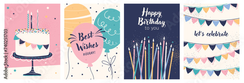 Happy Birthday. Birthday greeting cards. Invitation to the celebration. Online birthday wishes. Printable cards. Birthday cake, candles, balloons, and festive flags. Greetings photo