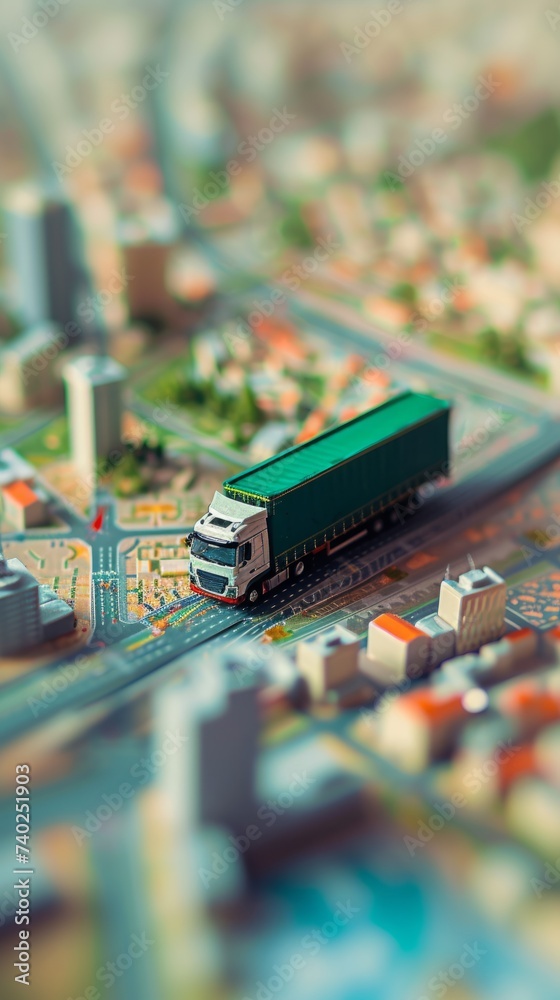 Obraz premium Top view of a model truck standing on a toy town road, trucking transportation concept