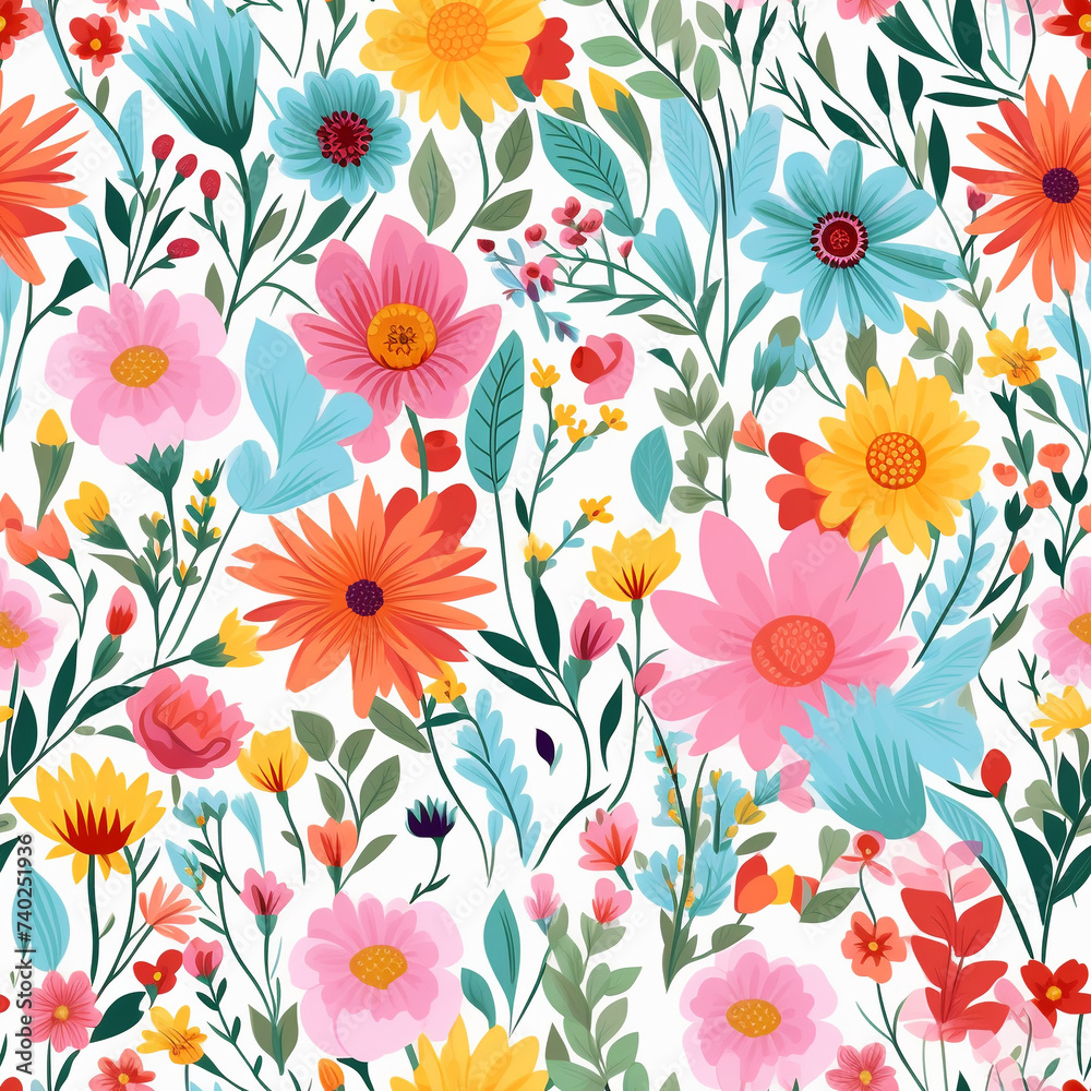 Retro Colorful Watercolor painting: Beautiful wildflowers. Seamless pattern. The background.