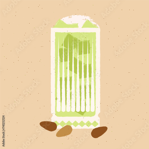 Green cocktail with almond milk with ice cubes. Smoothie in high glass. Milkshake. Alcohol drink for bar. Cold soft liquid in tall glass. Non-alcoholic beverage. Flat vector illustration with texture