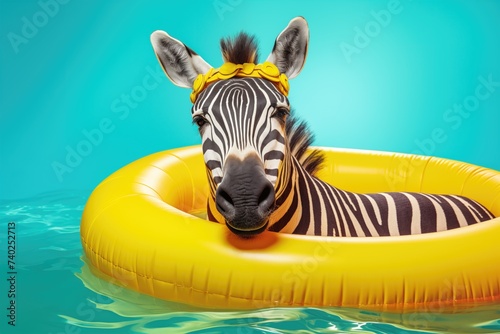 A playful zebra with a yellow headband floats in a pool on a yellow inflatable ring, against a turquoise backdrop, summer holidays concept