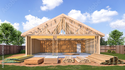 Frame construction of the garage. 3d illustration photo