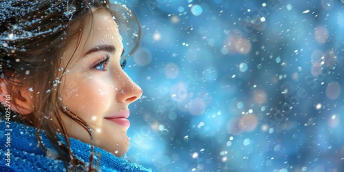 A Young Woman’s Face Adorned with Snowflakes, Capturing the Serenity and Magic of a Snowy Day, Generative AI