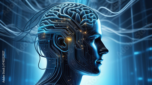 Cyborg with AI brain. BCI chip, human engineering concept. Machine learning, neural network