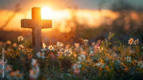 Sun rising behind a wooden cross adorned with fresh spring flowers. Easter morning.