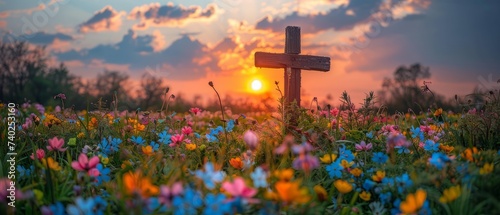 Sun rising behind a wooden cross adorned with fresh spring flowers. Easter morning. photo