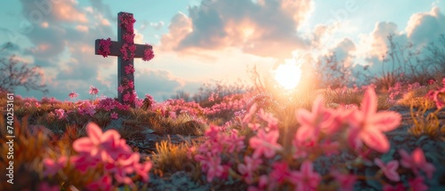 Sun rising behind a wooden cross adorned with fresh spring flowers. Easter morning. #740253161