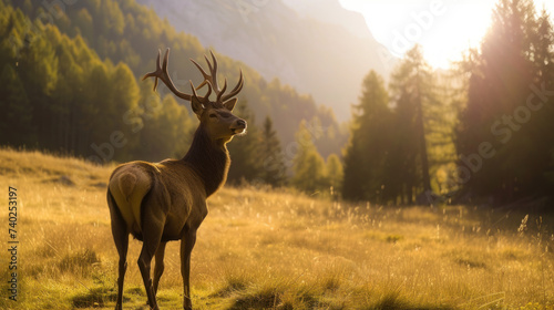 A young deer with large, expressive eyes and ears stands amidst a field of blooming yellow flowers, bathed in the golden light of the setting sun that casts a warm glow over the serene landscape. © Serega