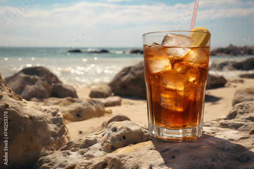 Peach ice tea on the beach  beach tea  ice tea  drinking ice tea on the beach