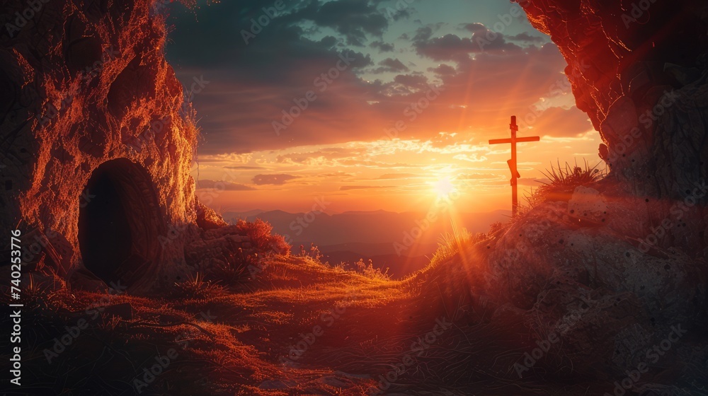 Empty tomb with Crucifixion At Sunrise Resurrection Of Jesus Christ - obrazy, fototapety, plakaty 