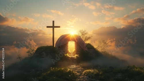 Empty tomb with Crucifixion At Sunrise Resurrection Of Jesus Christ