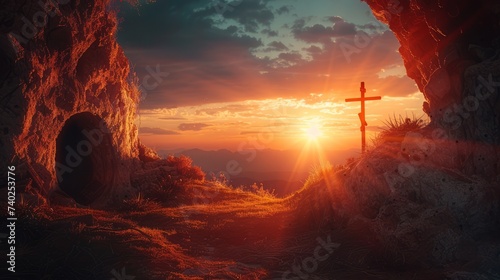 Empty tomb with Crucifixion At Sunrise Resurrection Of Jesus Christ photo