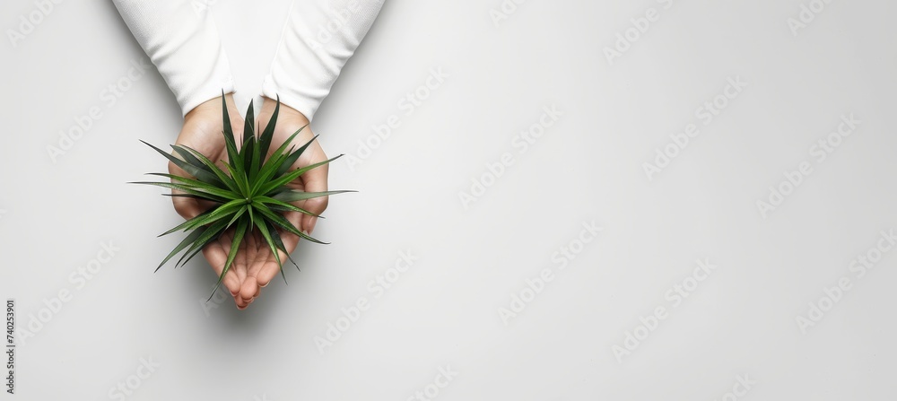 Eco conscious girl with a plant, symbolizing sustainability on earth day, with room for text. - obrazy, fototapety, plakaty 