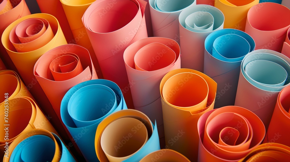 Colorful rolled paper array, creative abstract design, vibrant craft concept. multicolored paper rolls in bright tones, perfect for backgrounds and textures. AI