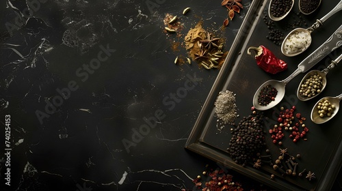 Assortment of spices in measuring spoons on dark background, culinary ingredients display. elegant food styling for gourmet cooking. AI