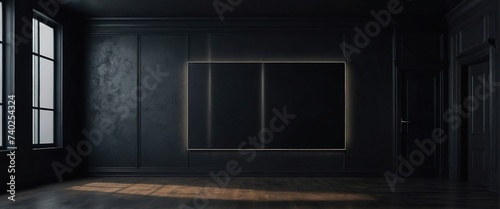 Minimalistic simple dark background for product presentation with empty blank frame, Incident light from the window on the wall and floor