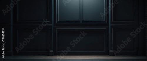Minimalistic simple dark background for product presentation with empty blank frame, Incident light from the window on the wall and floor