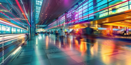 Busy airport terminal, blurred motion shot