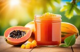 tropical papaya fruit, a jar of papaya jam on a wooden table, exotic garden, green plants on a background, sunny day
