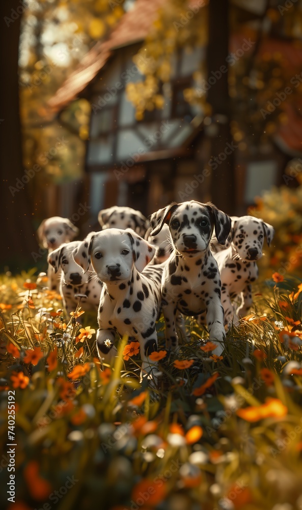 dalmatian puppies standing field flowers splash magic hour running towards professional enchanted forest portrait patches fur small black eyes cows garden upbeat dalmatian puppies standing field flowers splash magic hour running towards professional enchanted forest portrait patches fur small black eyes cows garden upbeat