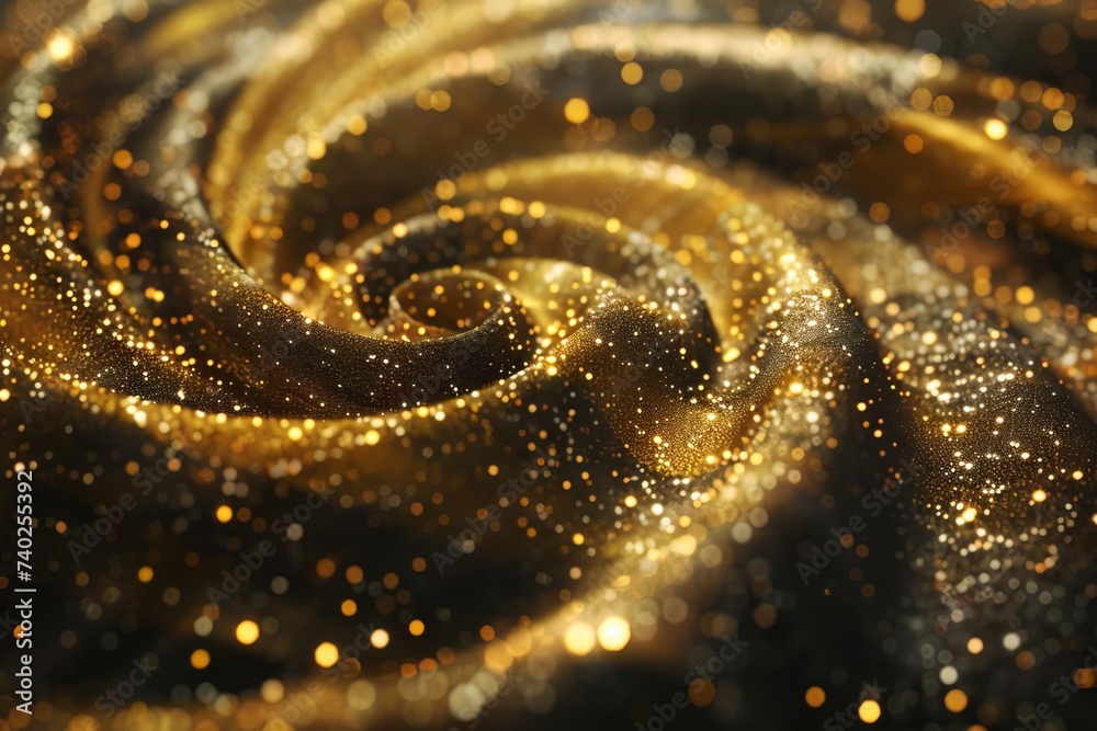 Radiant gold glitter in a dynamic swirl pattern Creating a mesmerizing sparkle effect on a dark background. ideal for festive occasions and luxury branding Radiant gold glitter in a dynamic swirl pattern Creating a mesmerizing sparkle effect on a dark background. ideal for festive occasions and luxury branding