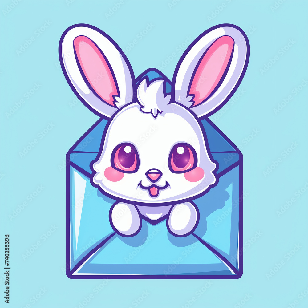 Fototapeta premium Cute cartoon bunny with envelope on blue background. Vector illustration.
