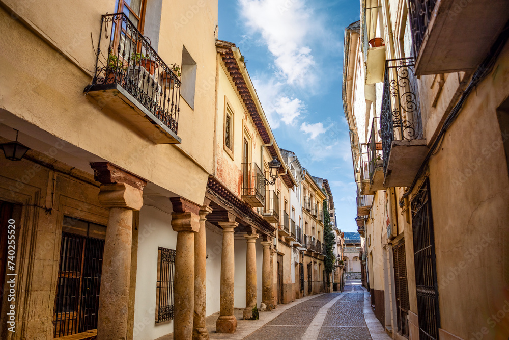 View of the Calle Mayor of Alcaraz, Albacete, Castilla la Mancha, Spain towards the Plaza Monumental with its historic buildings