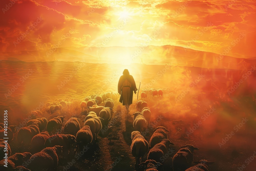 Shepherd themed illustration of jesus christ guiding sheep Set against a backdrop of prayer and divine light Symbolizing spiritual leadership and guidance. - obrazy, fototapety, plakaty 