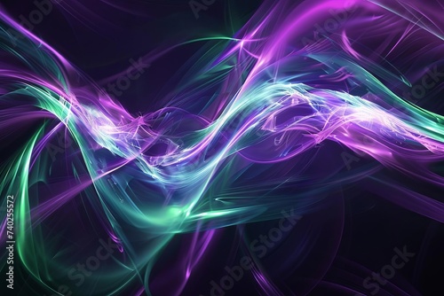 Sleek abstract background with neon purple and green waves intersecting Creating a high-speed movement illusion. perfect for futuristic designs and tech presentations © Bijac