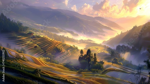 Sunrise over misty hills, golden rays on terraced fields. majestic landscape art perfect for wall decor. AI