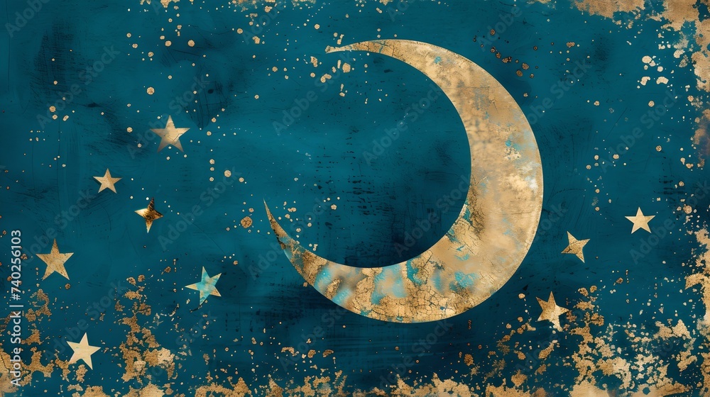 Naklejka premium Ethereal crescent moon amidst stars on a mystical blue night sky. dreamy celestial body artwork. perfect for illustration use. AI