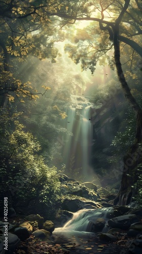 waterfall middle forest sunbeam gorgeous young scenery lost series light rays illuminate jungles