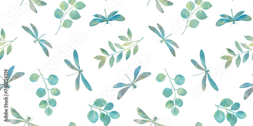 seamless abstract pattern, green color, abstraction of dragonflies and leaves, drawn in watercolor on a white background