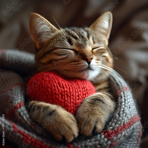 Tabby kitten sleeps hugging a knitted heart. Cozy concept for wallpaper, background and posters.
